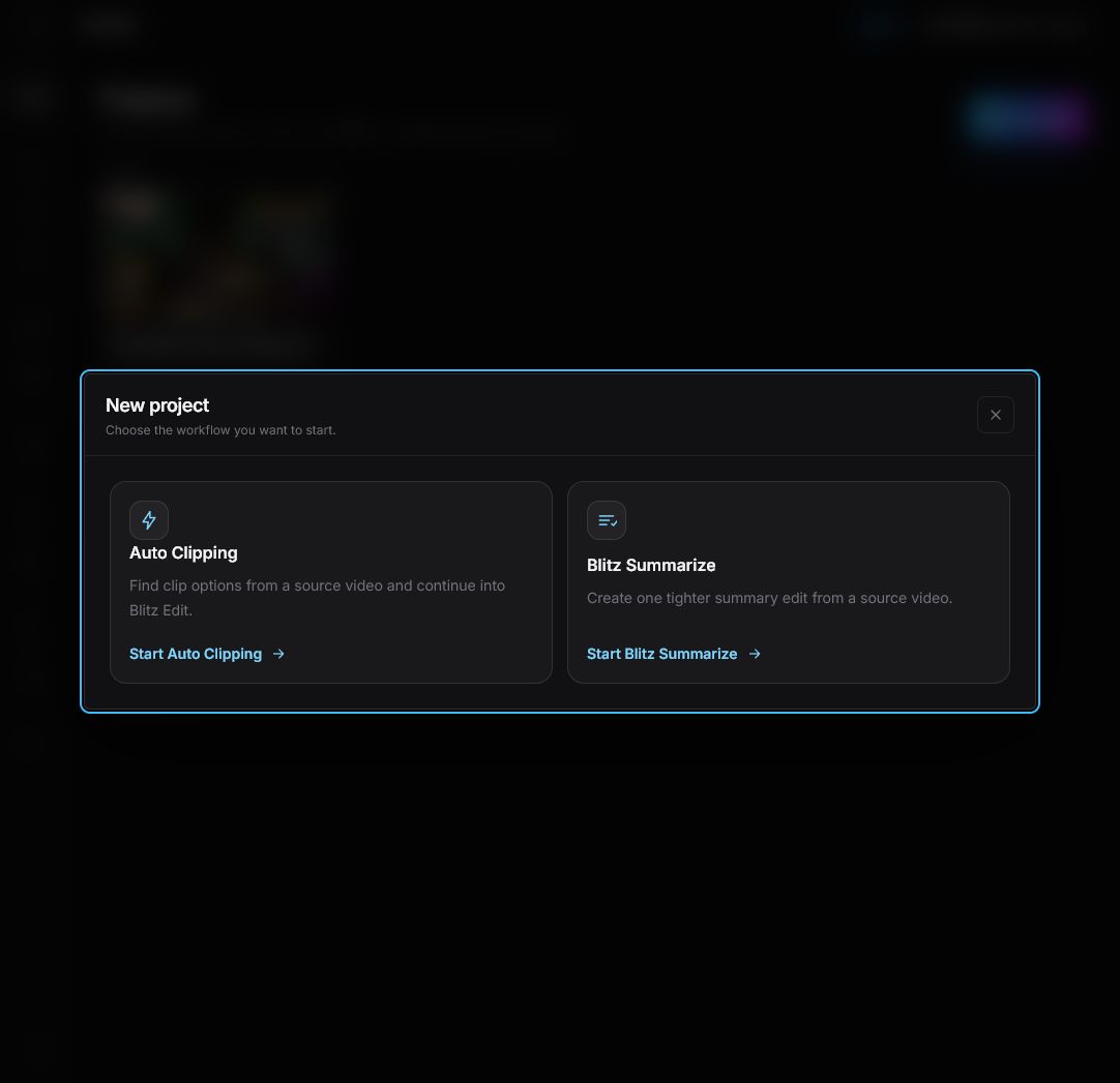Videoblitz New project dialog with AI Clipping and Blitz Summarize workflow choices