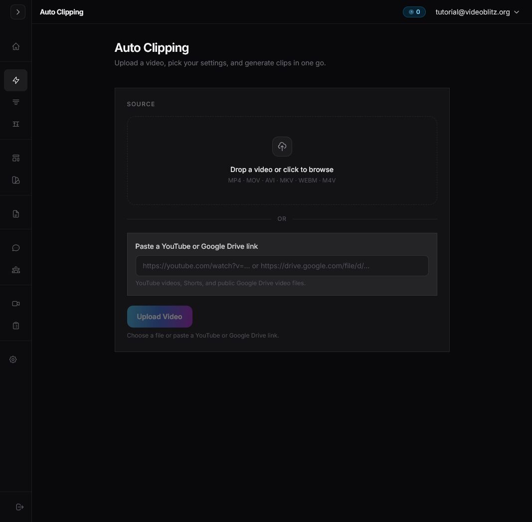 Videoblitz AI Clipping page showing the source upload area and remote video link field