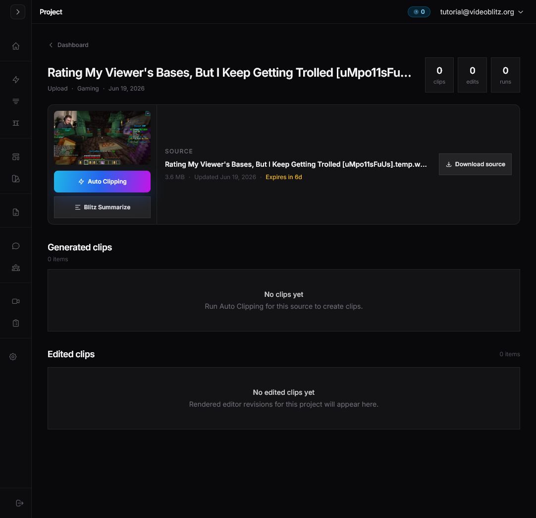 Videoblitz project media library with reusable source assets