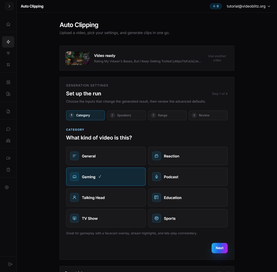 Videoblitz AI Clipping setup showing the selected source video and the category step