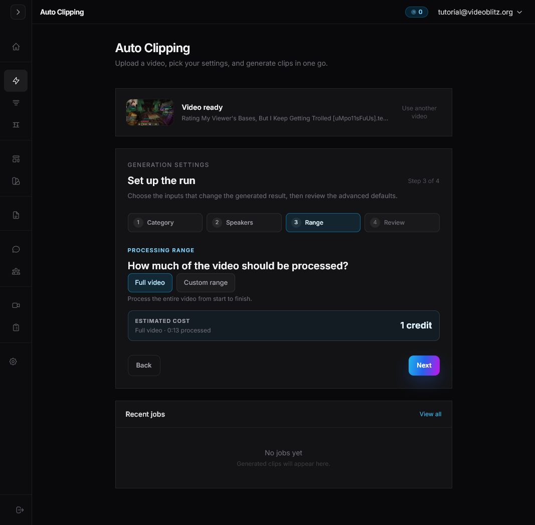 Videoblitz AI Clipping setup showing the Range step with full video selected and estimated cost