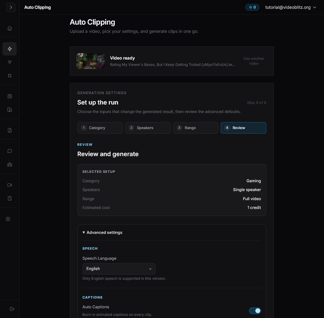 Videoblitz AI Clipping review step showing the selected setup and advanced settings
