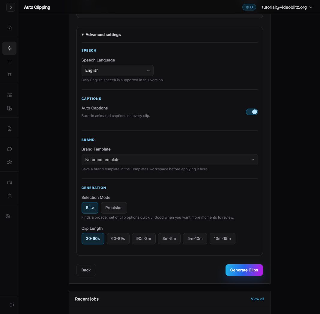 Videoblitz AI Clipping advanced settings area showing the Generate Clips button