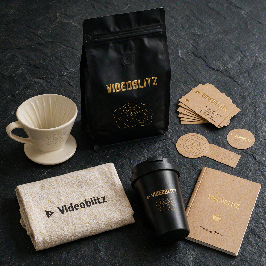 Seedream 5.0 Pro brand identity flat lay for Videoblitz, with black and gold coffee packaging arranged on dark slate